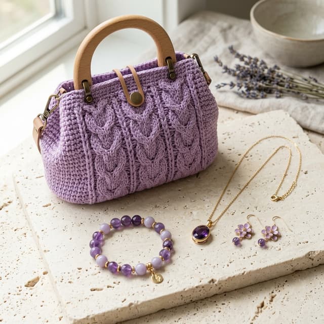 Lavender crochet handbag with handmade jewelry